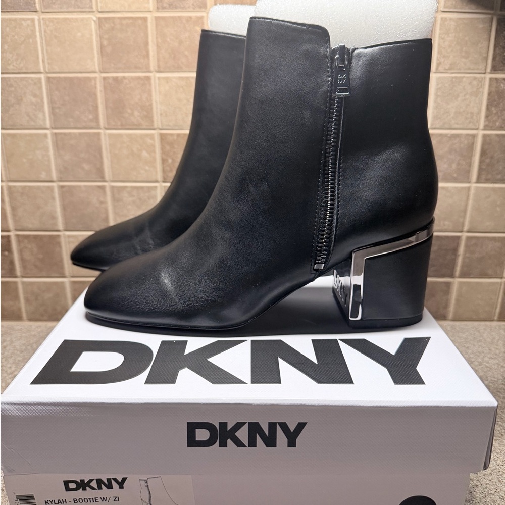 DKNY Sleek Black Ankle Boots with Metallic Heel